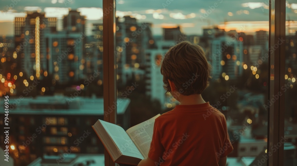 A reflective moment as a child pauses in their reading to look out over the city from their rooftop retreat, the juxtaposition of the quiet A reflective moment as a child pauses in their reading to look out over the city from their rooftop retreat, the juxtaposition of the quiet