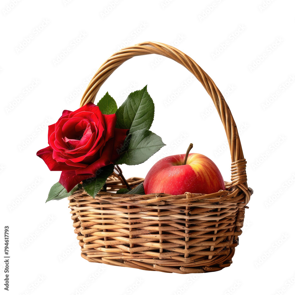 A wicker basket holding a vibrant red rose apple set against a transparent background