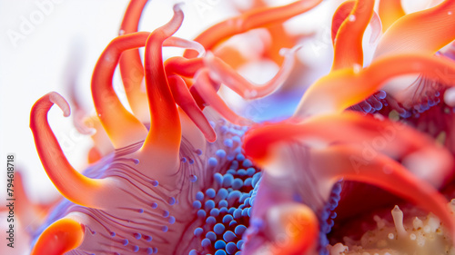 Close-up of vibrant red sea anemone tentacles with blue tips, underwater life. photo
