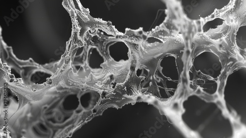 A black and white image showcasing the unique texture of fungal hyphae with tiny ridges and furrows visible at high magnification.