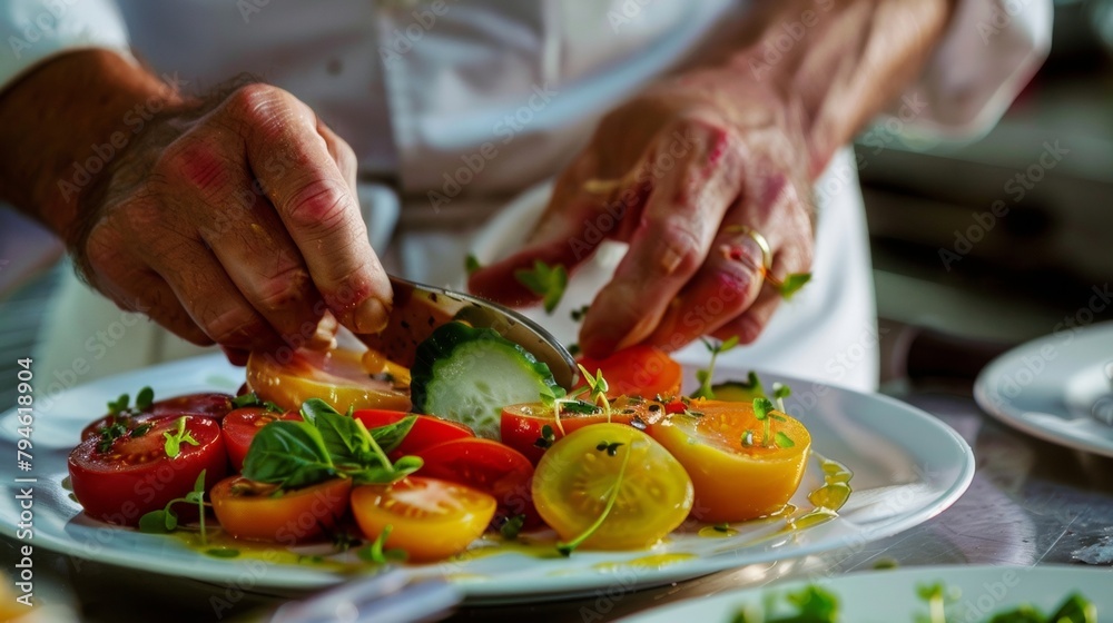 A chef carefully plates a colorful dish featuring locallygrown heirloom tomatoes highlighting the importance of supporting small farms and the diversity of produce available through .