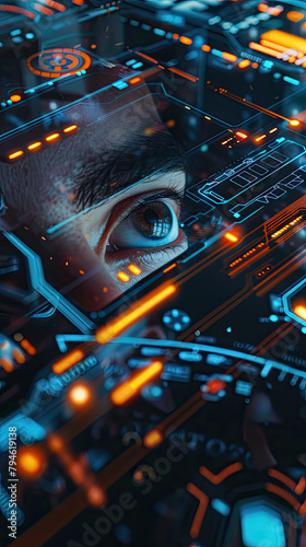 A close up of a businessman eye controlling a futuristic computer system with a Simple Business concept