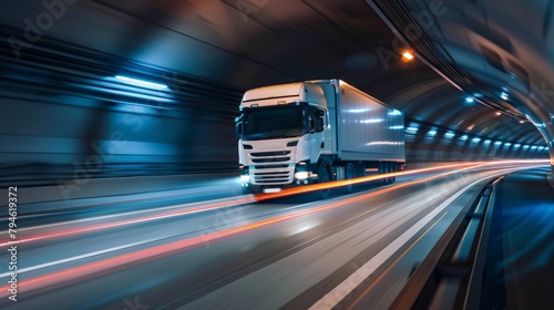 A truck speeding through a tunnel, the lines of lights along the walls stretching into streaks, emphasizing the feeling of acceleration and the journey through the arterial roads of commerce. © Sasint