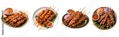 Set of chicken and pork satay isolated on white background