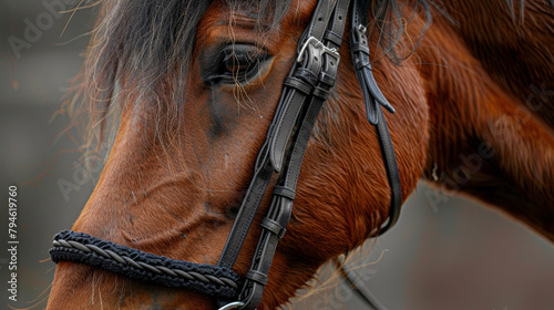 The reins of a horses bridle are wrapped with a thin strip of black lace adding a delicate touch to the powerful beast. .
