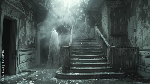 Ghostly Encounter Haunting Phantom on Mansion Staircase