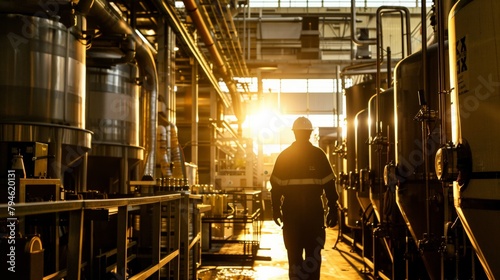 A worker overseeing the automated line, their figure silhouetted against the backdrop of the bustling machinery and the bright, sunlit brewery floor photo