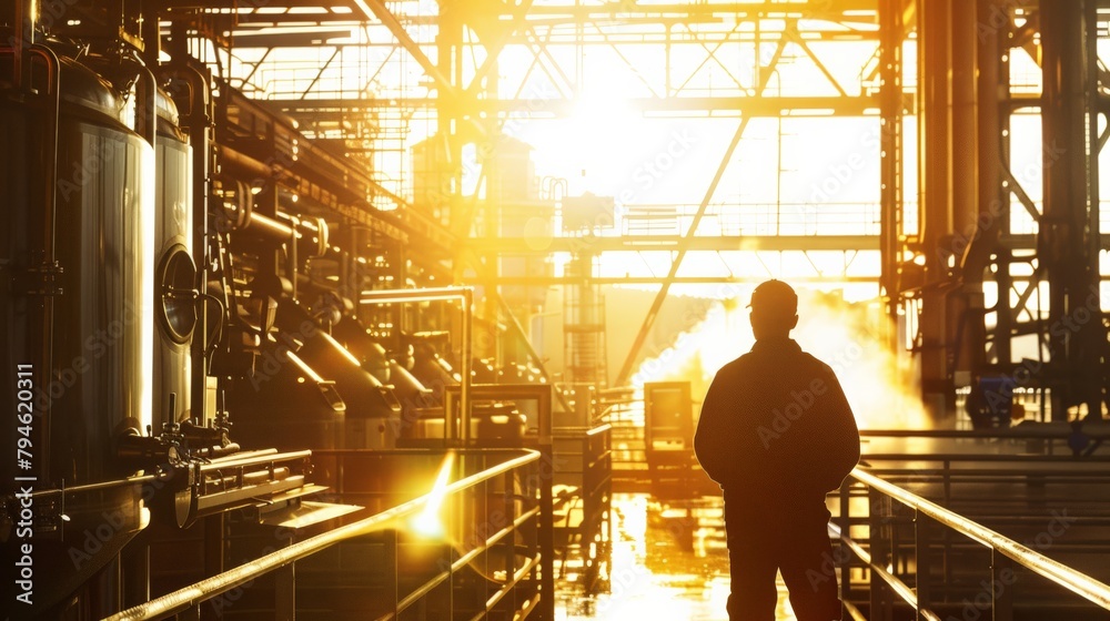 A worker overseeing the automated line, their figure silhouetted against the backdrop of the bustling machinery and the bright, sunlit brewery floor A worker overseeing the automated line, their figure silhouetted against the backdrop of the bustling machinery and the bright, sunlit brewery floor
