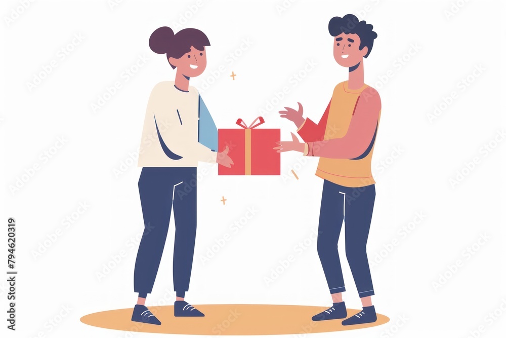 Flat illustration, A man is giving a gift to a woman. Flat illustration, A man is giving a gift to a woman.