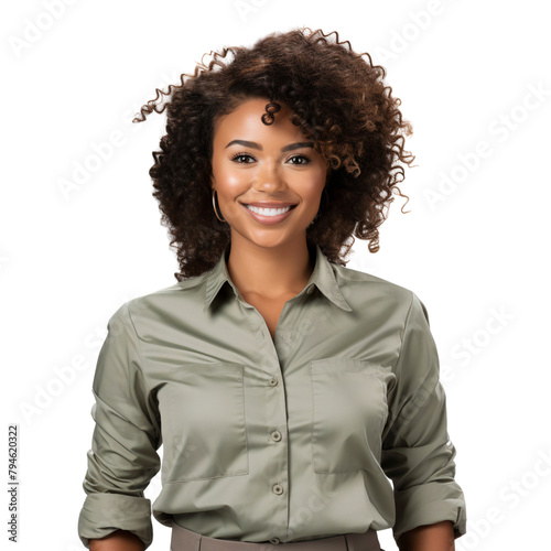 Portrait of a smiling African American woman with curly hair, isolated on transparent background