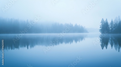 The serene waters of a fogcovered lake reflect the blurred silhouette of distant trees capturing the peaceful ambiance of a tranquil morning. . photo
