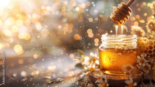 A jar of honey is poured into a glass.