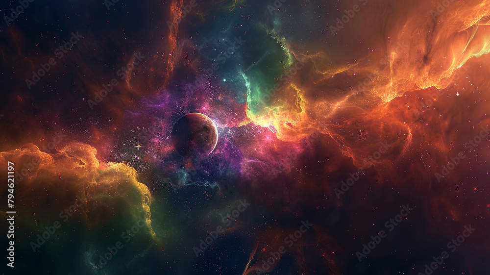 An abstract blend of colors and light in a space nebula, setting the stage for a planet that glows softly in this distant galaxy's heart
