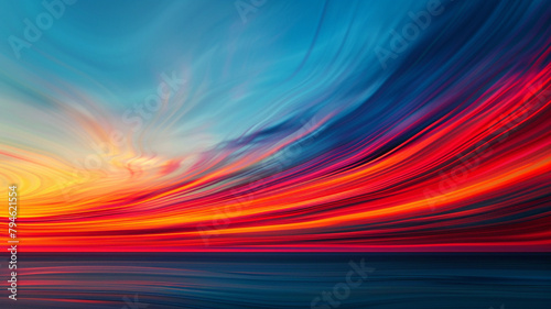 An abstract interpretation of a sunset, where bold streaks of red and orange melt into a serene blue, symbolizing the fusion of day and night