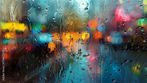 An abstract interpretation of raindrops on a window, where blurred colors and shapes suggest the world outside softened by water photo