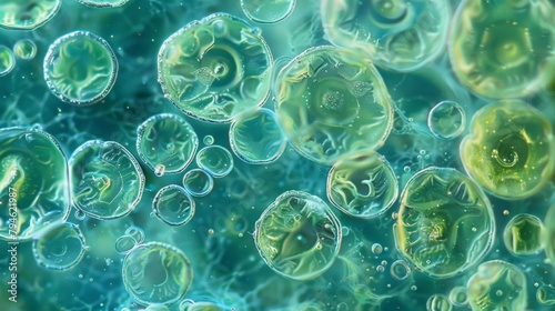 A vibrant bluegreen algae known as a spirulina clumped together in a colony under the microscope. The individual cells are small and photo