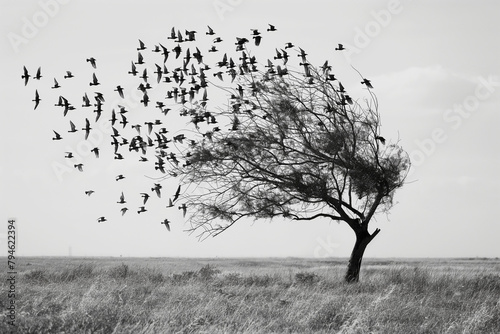 Monochrome Image of Birds Taking Flight from a Lone Tree in an Open Field 