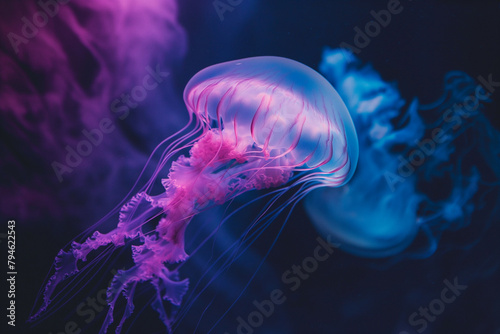 Ethereal Jellyfish Floating with Fluorescent Glow Against Dark Waters  © Jovial Joint