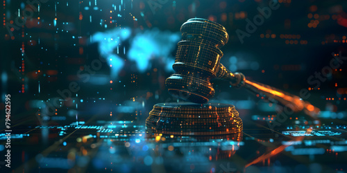 Judge's gavel on digital background The concept is cyber law and justice .
 photo