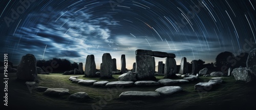 Star trails over an ancient stone circle, time-lapse effect, photorealistic, photo