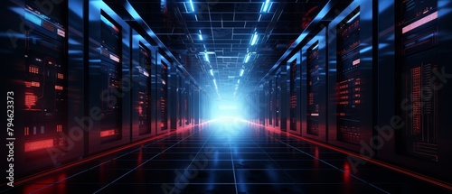 Dark digital atmosphere in a data center, impressionistic style with dynamic lighting