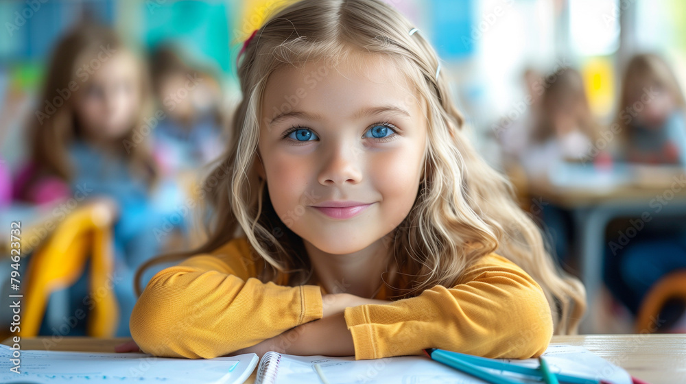 Learning, drawing and portrait of girl in classroom exam, education or studying with book. Preschool smile, development and happy kid or student coloring for creative art in notebook in kindergarten.