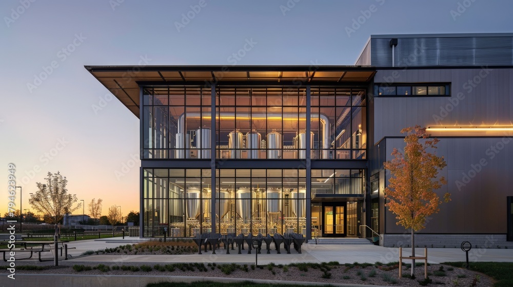 An outside view of the brewery's modern facade with large glass windows, through which the automated bottling line is visible An outside view of the brewery's modern facade with large glass windows, through which the automated bottling line is visible