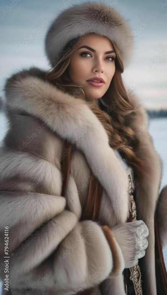 a young Russian woman in traditional Russian attire with fur hat and a young Russian woman in traditional Russian attire with fur hat and