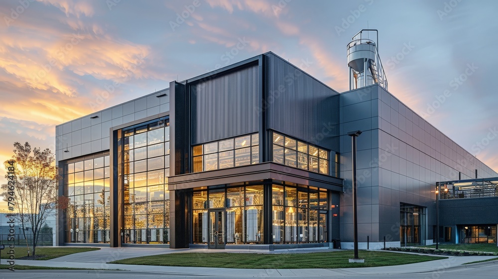 An outside view of the brewery's modern facade with large glass windows, through which the automated bottling line is visible An outside view of the brewery's modern facade with large glass windows, through which the automated bottling line is visible