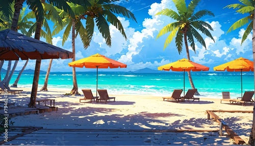 beach resort art anime cartoon style background from Generative AI