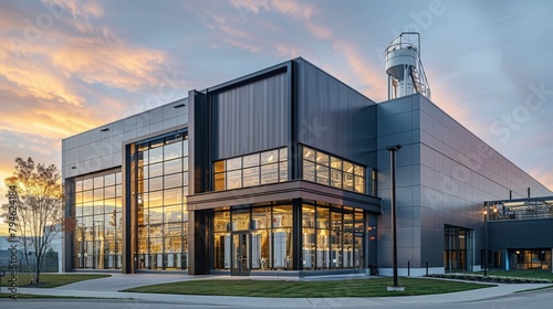An outside view of the brewery's modern facade with large glass windows, through which the automated bottling line is visible © Sasint