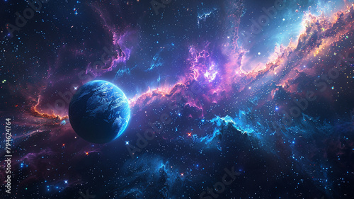 A dreamscape of cosmic proportions, where a planet finds solace in the vibrant embrace of a nebula, surrounded by the tranquil beauty of a starfield