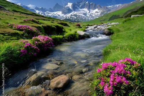 A beautiful mountain stream flowing through the valley, surrounded by blooming Rhoda Fors and green grass, with snowcapped mountains in the background photo