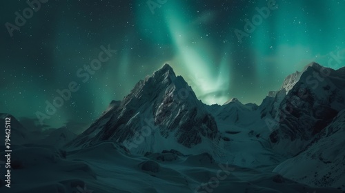 A breathtaking view of the Northern Lights over a snowy mountain range