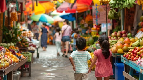 Two children run hand in hand through a lively street market backs facing the camera delightedly exploring the colorful displays . .