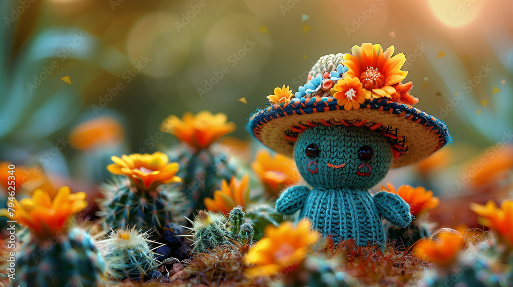 Dreamy 3d rendering of a flowering cactus wearing a miniature sombrero perfect for 5 May celebration