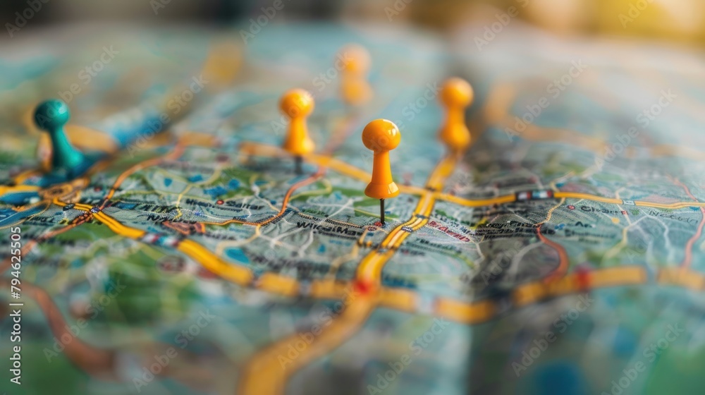 Plan your route with a detailed map decorated with colorful pins showing starting points and destinations. It shows the convenience and accuracy of GPS navigation. Plan your route with a detailed map decorated with colorful pins showing starting points and destinations. It shows the convenience and accuracy of GPS navigation.
