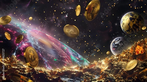 Surreal Visualization of Bullion as Floating Bitcoin Coins in Cosmic Space