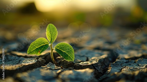 Bright green saplings sprouted through the cracked and cracked earth. It offers a glimmer of hope for a sustainable, environmentally conscious future amidst environmental challenges.