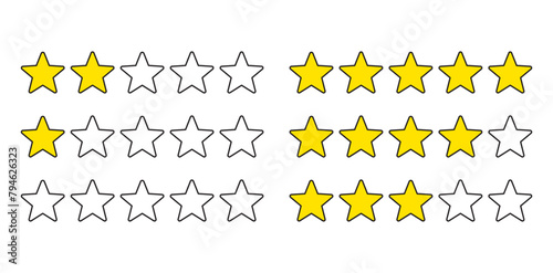 Product rating or customer review with gold stars set collection. Graphic symbol flat design interface illustration elements for app ui ux web banner button vector isolated on white background