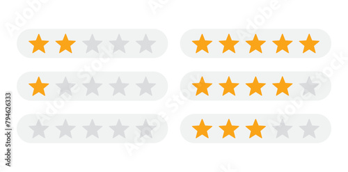Product rating or customer review with gold stars set collection. Graphic symbol flat design interface illustration elements for app ui ux web banner button vector isolated on white background photo