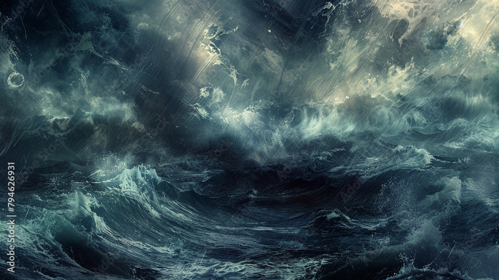 A stormy abstract seascape, where chaotic strokes and dark colors evoke the power and tumult of the ocean in upheaval - obrazy, fototapety, plakaty 