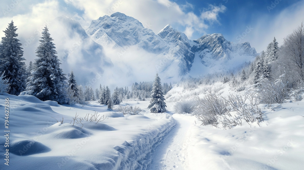 Snowy mountain path in winter forest. Winter mountain landscape with snow covered panoramic image (1) Snowy mountain path in winter forest. Winter mountain landscape with snow covered panoramic image (1)