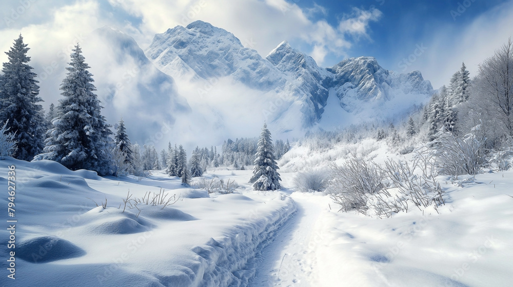 Snowy mountain path in winter forest. Winter mountain landscape with snow covered panoramic image (1)