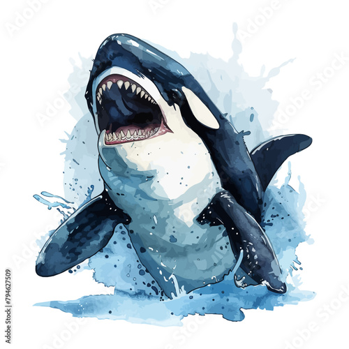 Cute cartoon orca swimming in watercolor painting style