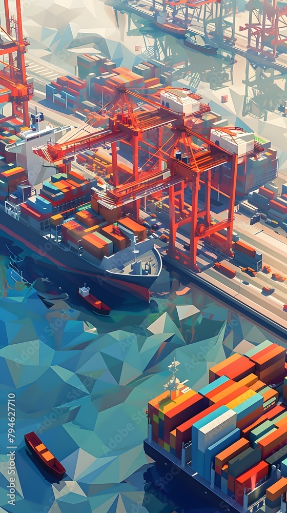 Dynamic low poly representation of container loading at a busy port with towering cranes