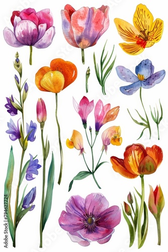 Vivid watercolor clipart of spring flowers, perfect for projects, isolated --ar 2:3 Job ID: 6b5c1b35-3494-4d76-b108-1bf5054c2075 © FoxGrafy