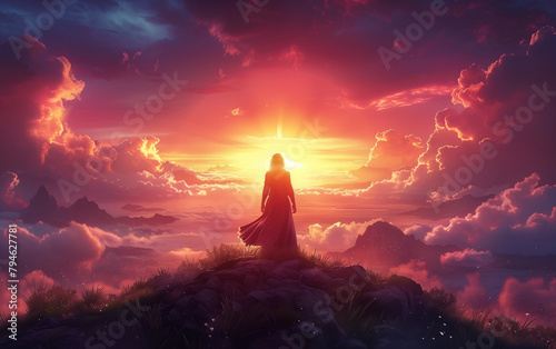a woman standing on a hilltop, looking towards a horizon where the early rays of the sun break through dark clouds.