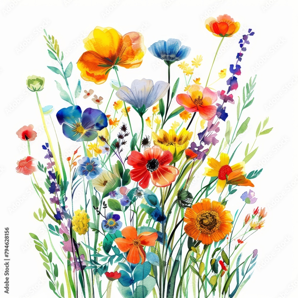 Fototapeta premium Summer wildflower explosion, vivid watercolors isolated on white