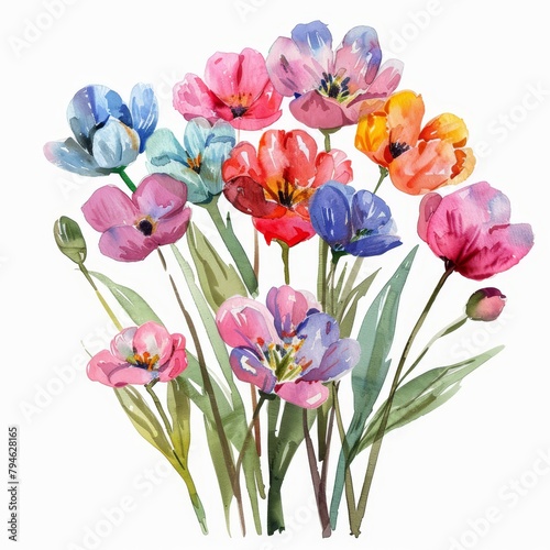 Watercolor clipart of a bright bunch of spring flowers, isolated --ar 1:1 Job ID: f1ddca1e-3c34-4e26-9fb6-814f753a4ea4 © FoxGrafy